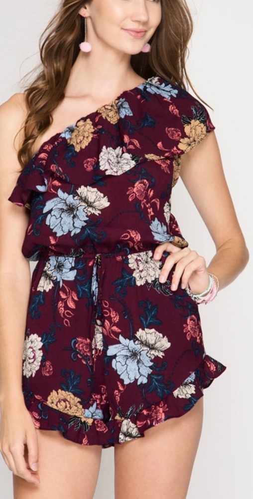 She‎ & Sky NWT Purple Floral One Shoulder Romper Ruffle Womens L
